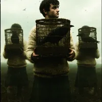 Three farmers on the bog road carrying ravens in wicker cages