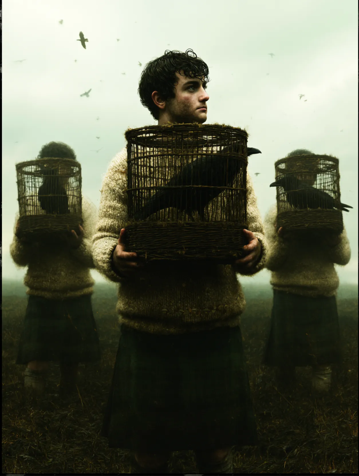 Three farmers on the bog road carrying ravens in wicker cages